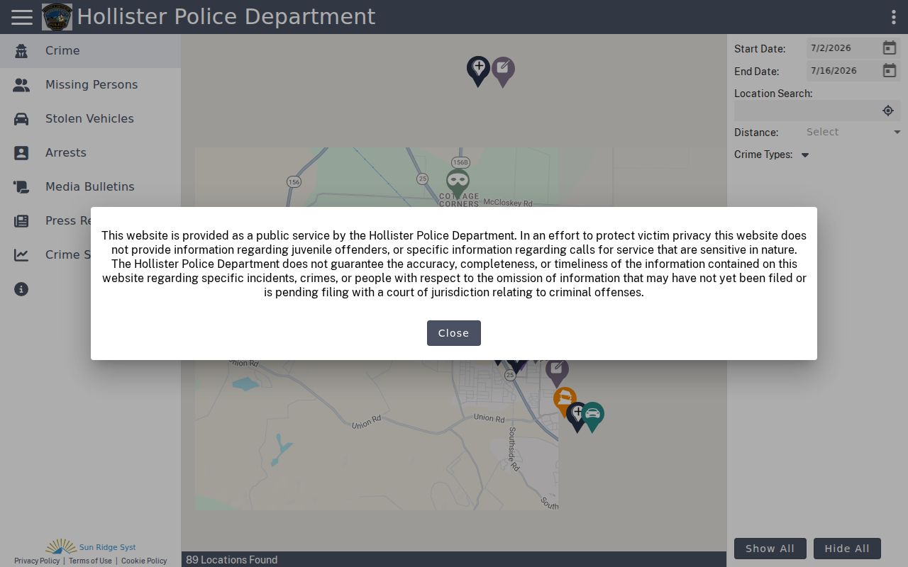 San Benito County criminal history: Hollister Police Citizen RIMS crime map interface