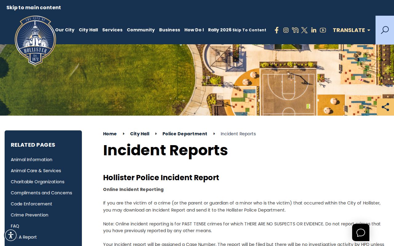 San Benito County criminal history: Hollister Police incident report page and Records Department address