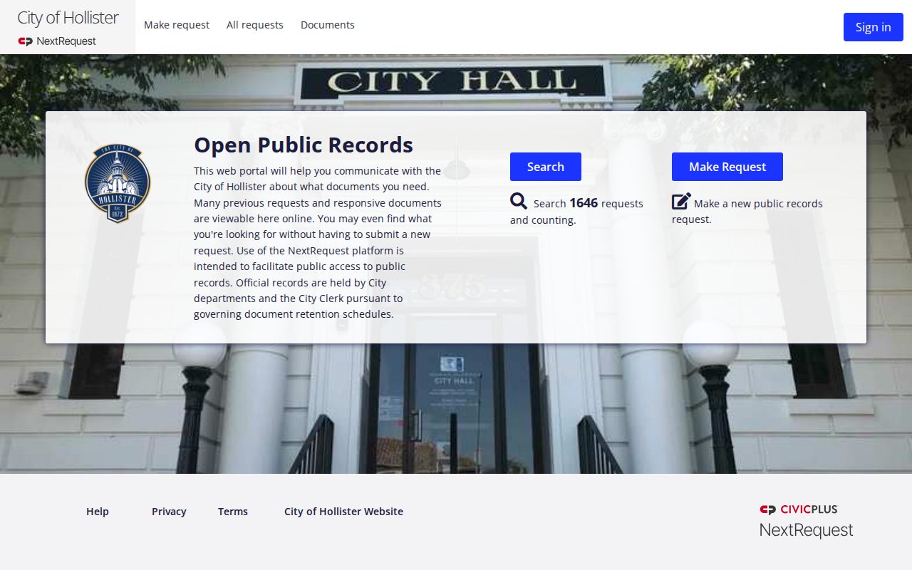 San Benito County criminal history: Hollister NextRequest public records request portal