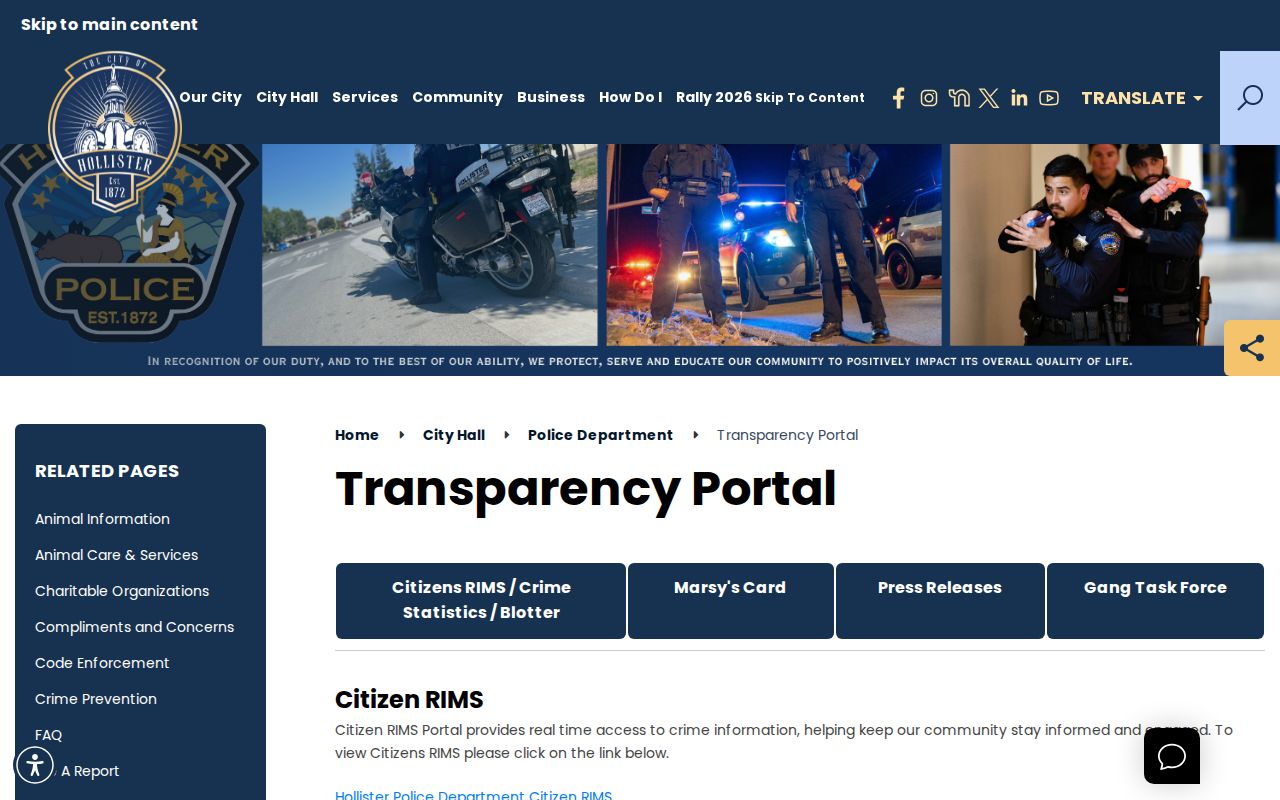 San Benito County criminal history: Hollister Police transparency portal with Citizen RIMS and annual report links