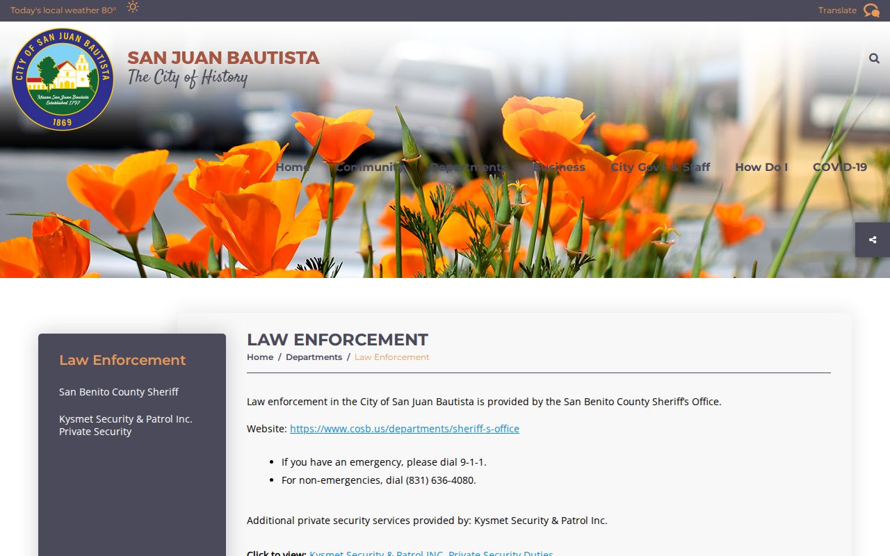San Benito County criminal history: San Juan Bautista law enforcement page identifying Sheriff's Office service