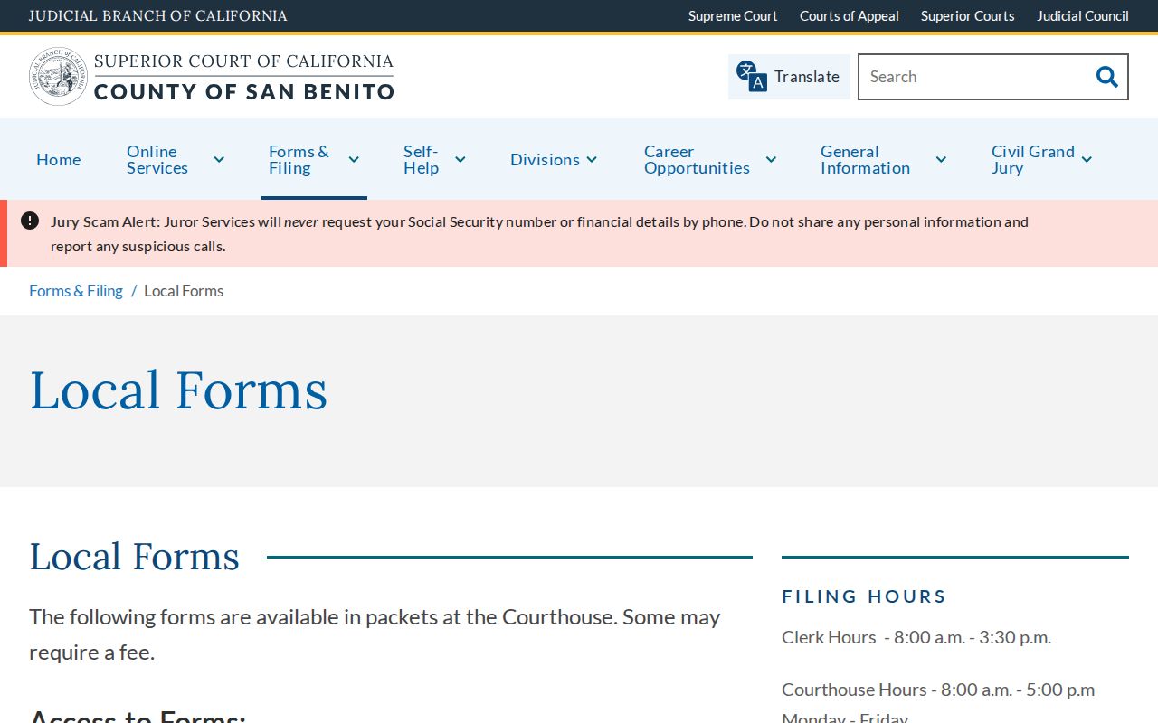 San Benito County criminal history: San Benito Superior Court local forms list with criminal history request