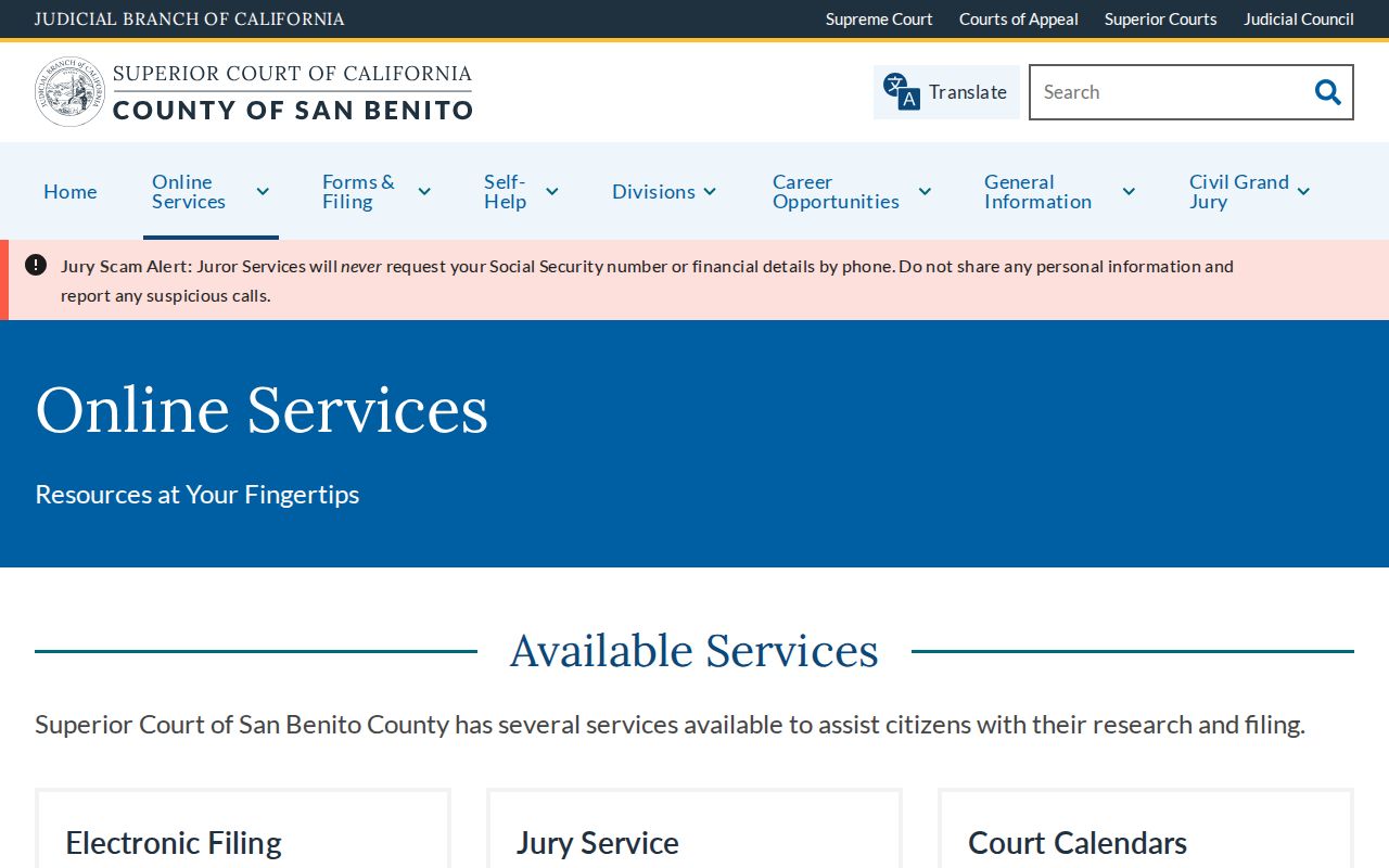 San Benito County criminal history: San Benito Superior Court online services page