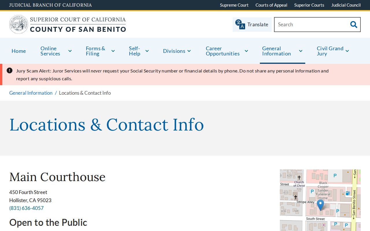 San Benito County criminal history courthouse contact information