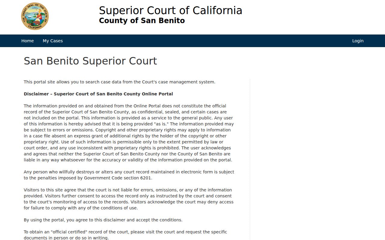San Benito County criminal history Public Portal disclaimer