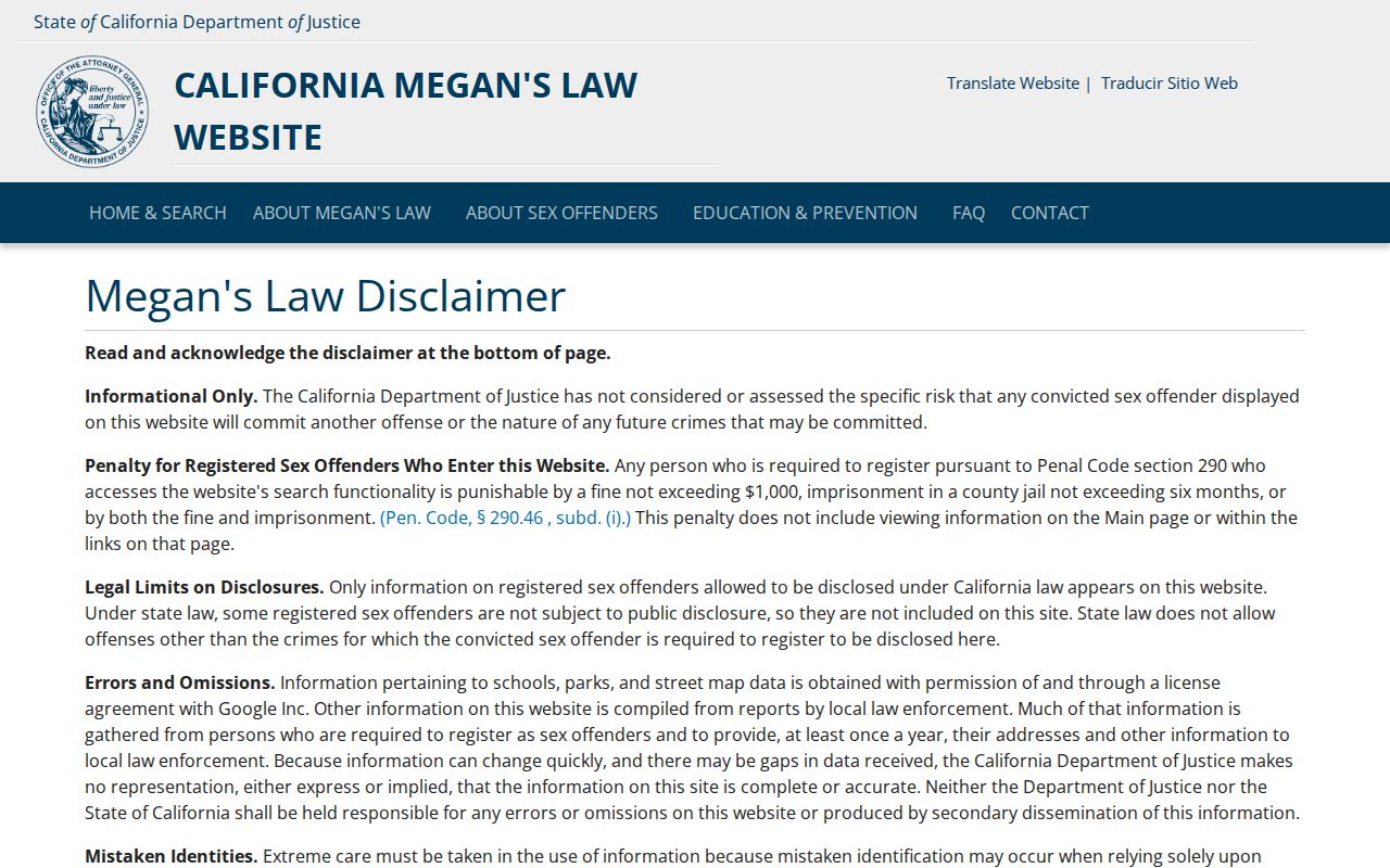 San Benito County criminal history: California Megan's Law Website search and legal-use disclaimer